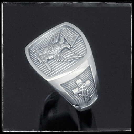 Scottish Rite Double Eagle Ring with Wings Up in Sterling Silver- side detail of Rose Croix
