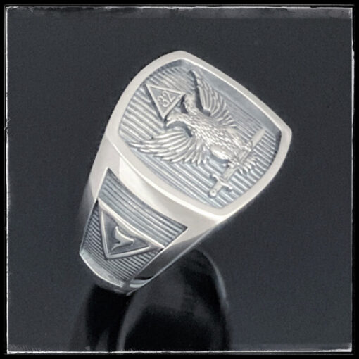 Scottish Rite Double Eagle Ring with Wings Up in Sterling Silver- side detail of Yod