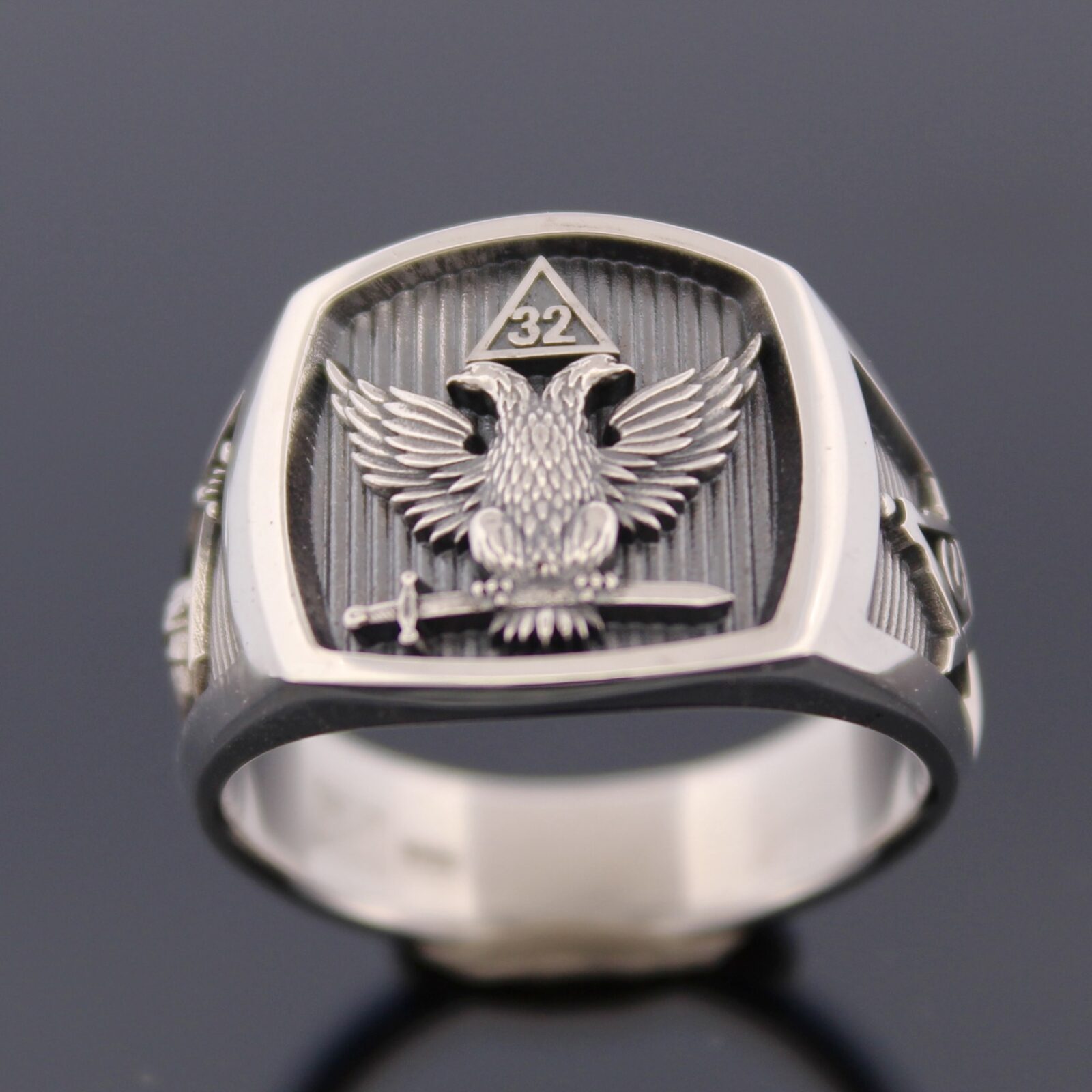 Scottish Rite 32nd Degree Double Eagle Ring with Wings up in Sterling Silver