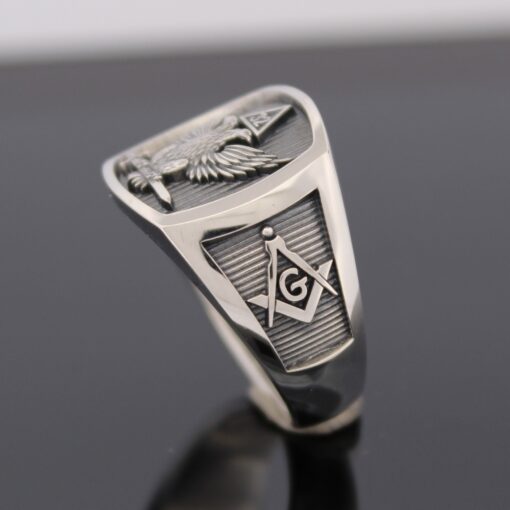 Scottish Rite 32nd Degree Double Eagle Ring with Wings up in Sterling Silver