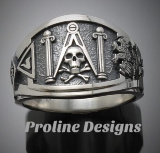 Masonic Skull and Pillar Ring in Sterling Silver ~ Cigar Band Style 022s