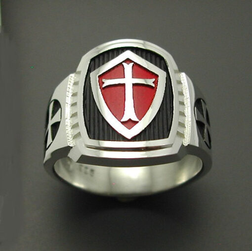 Knights Templar Masonic Cross ring in Sterling Silver With Red Shield ~ Style 014