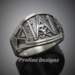 Masonic Skull and Pillar Ring for Men in Sterling Silver ~ Cigar Band Style 022s
