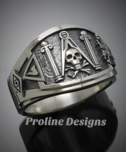 Masonic Skull and Pillar Ring for Men in Sterling Silver ~ Cigar Band Style 022s