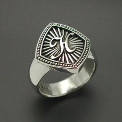 Starburst monogram ring in sterling silver with oxidized finish