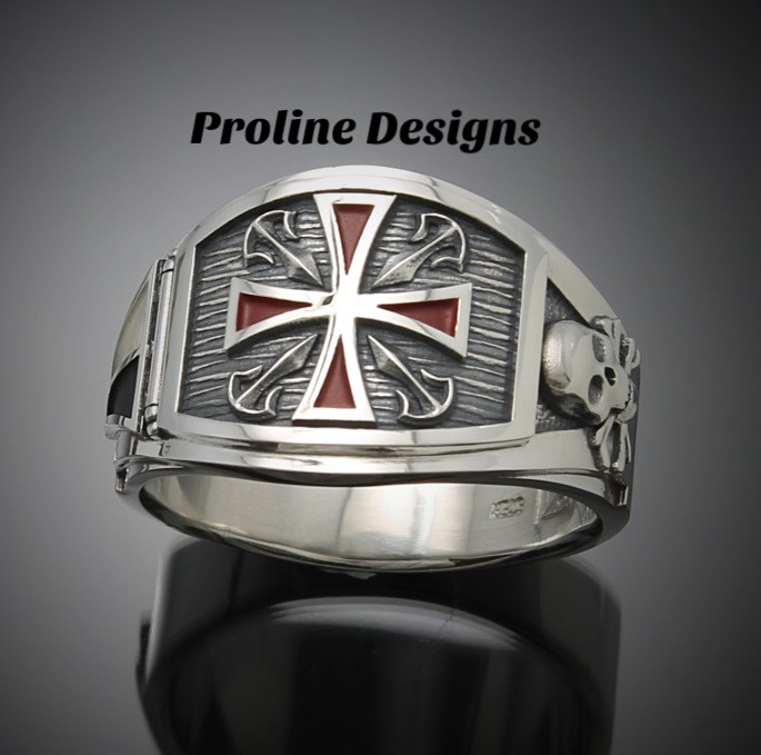 Knights Templar Flag Ring in Sterling Silver ~ Cigar Band Style 028f