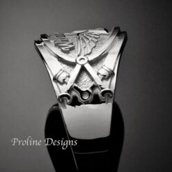 Widows Sons Ring in Sterling Silver, side detail of pistons and wrenches