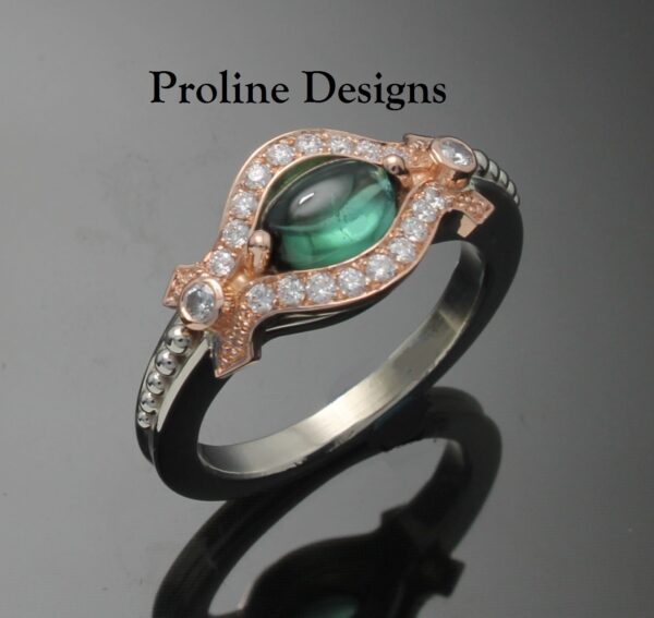 Two Tone Diamond and Cabochon Tourmaline Ring - Vintage style in 14k Gold