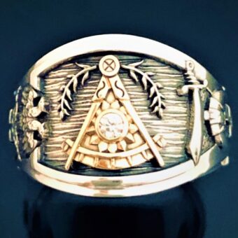Custom two tone masonic ring with gold past master and diamond sun face