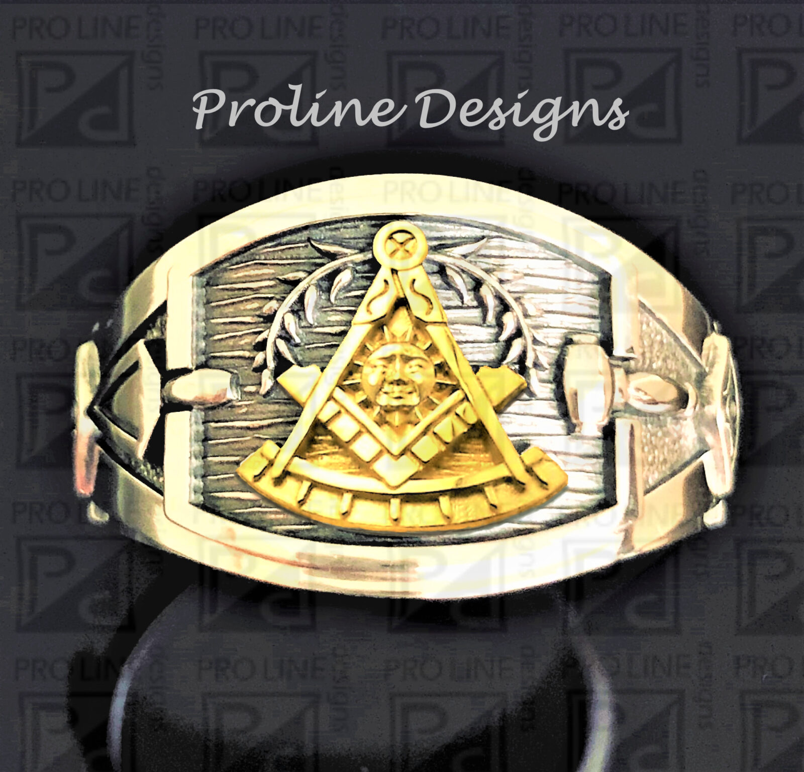 A masonic ring with gold and silver design.