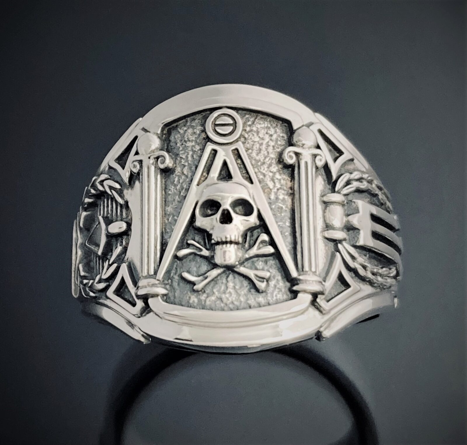 Masonic Skull and Pillar Ring in Sterling Silver ~ Cigar Band Style 054