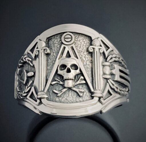 Masonic Skull and Pillar Ring in Sterling Silver ~ Cigar Band Style 054