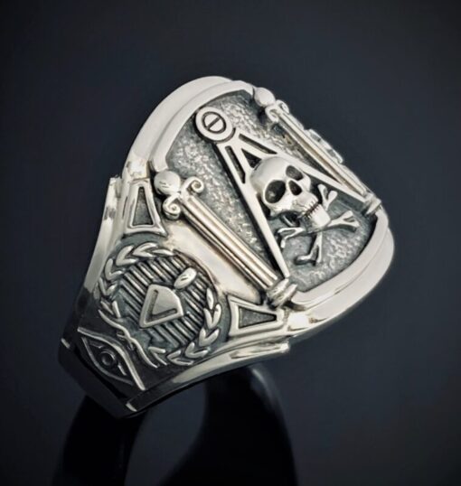 Masonic Skull and Pillar Ring in Sterling Silver ~ Cigar Band Style 054