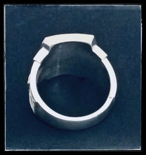 A silver ring with a black background